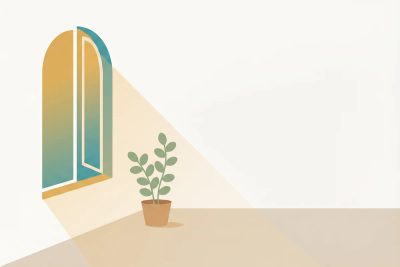 Illustration: ein geöffnetes Bogenfenster lässt warmes Licht herein, eine Pflanze wächst in Richtung des Lichts — Metapher für Selbstfürsorge und Hoffnung.