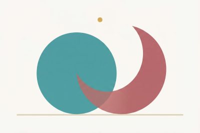 Abstrakte Illustration: ein Teal-Kreis und ein Rosé-Halbmond berühren sich — Metapher für zwei Zustände in einer Person.