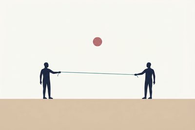 Abstrakte Illustration: zwei Silhouetten halten einen Teal-Faden zwischen sich — Metapher für Verbindung unter Druck.