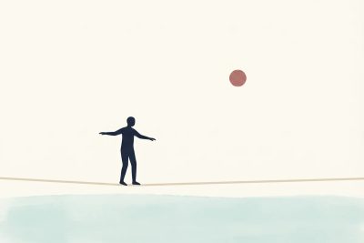 Illustration: eine Figur balanciert ruhig auf einer dünnen Linie — Metapher für das tägliche Gleichgewichthalten der Angehörigen.